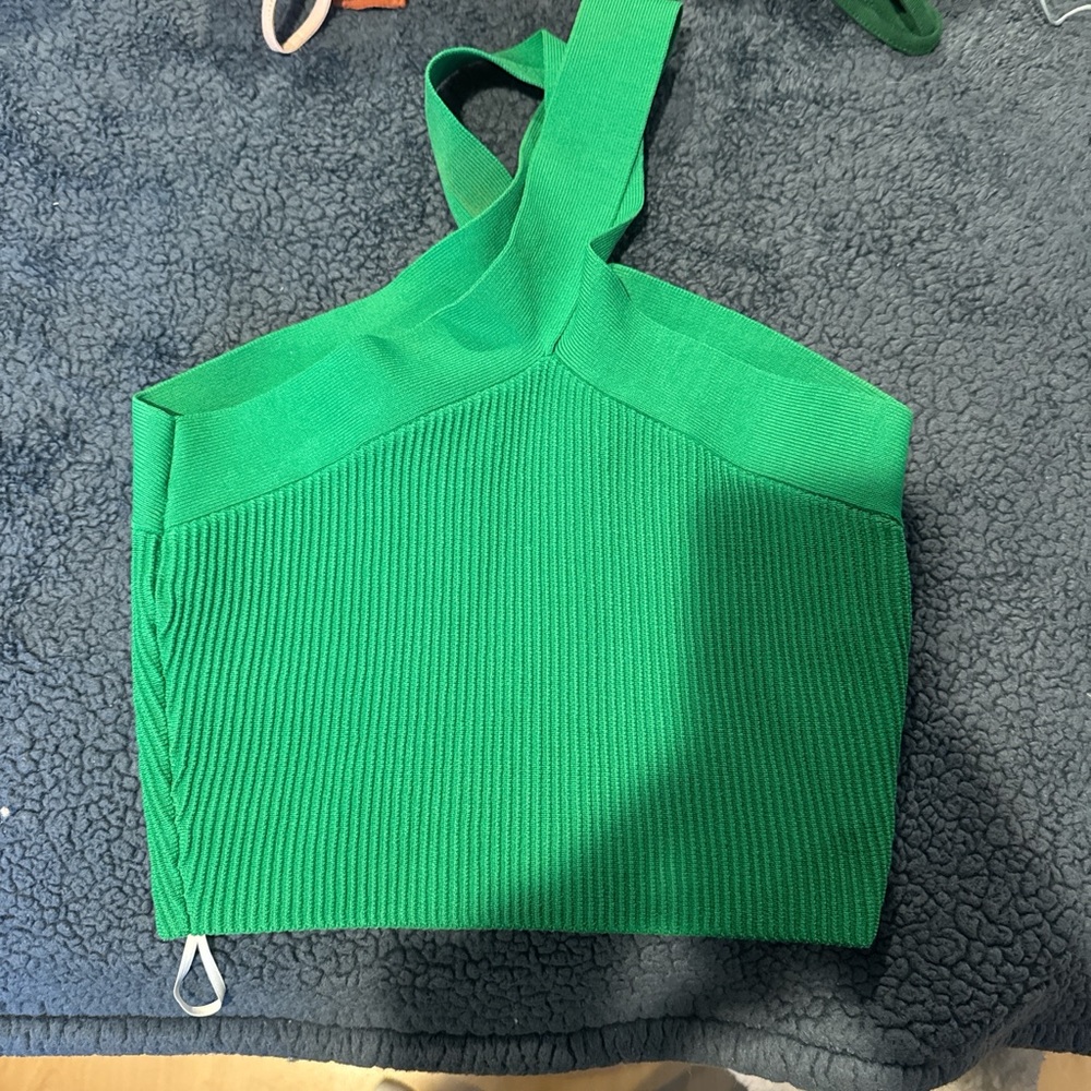Babaton Green Ribbed Asymmetrical Crop Tank Top